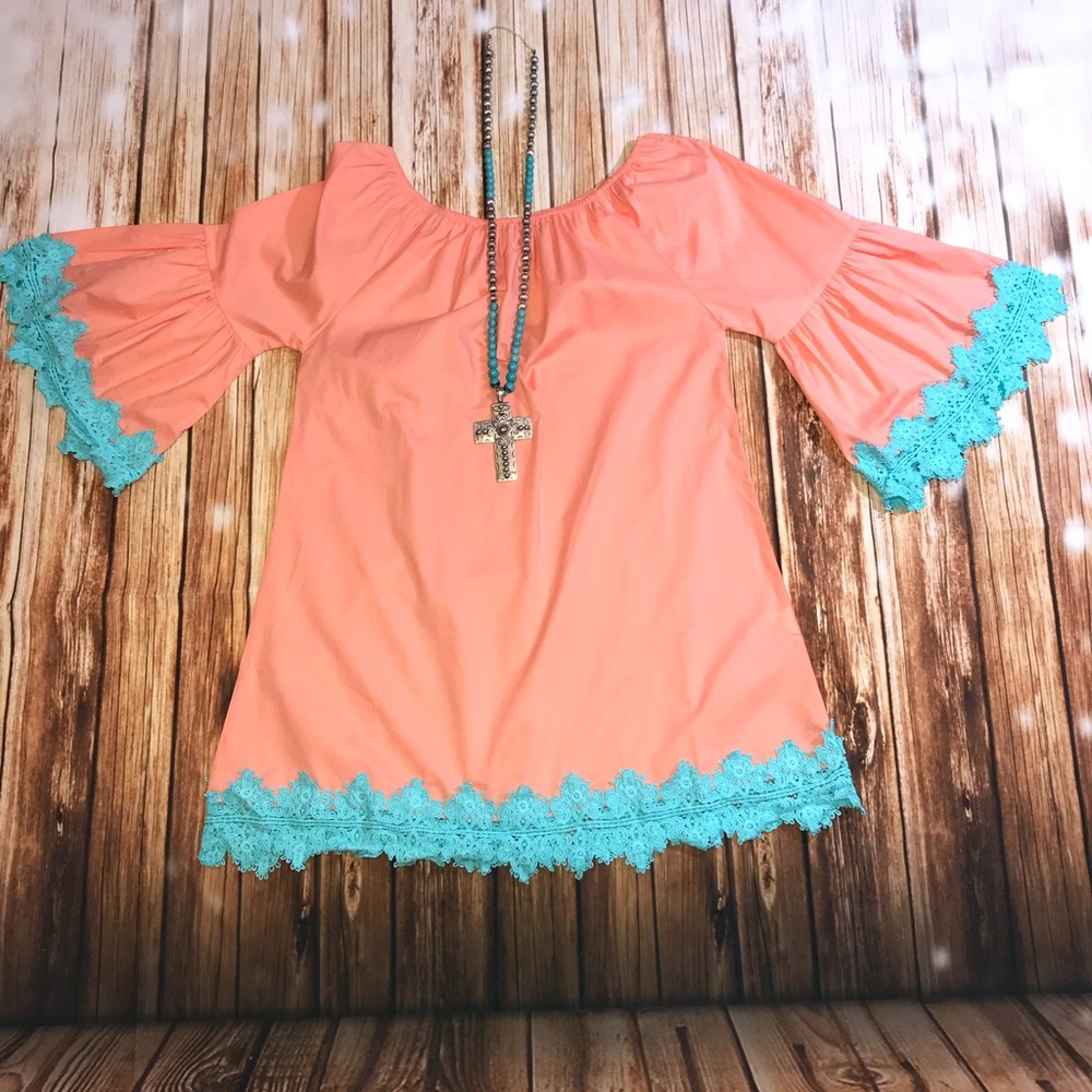 Beautiful Peach w Turquoise Strapless Dress